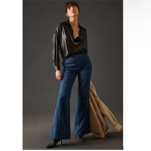 By Anthropologie Damask Jacquard Flare Pants Navy Blue